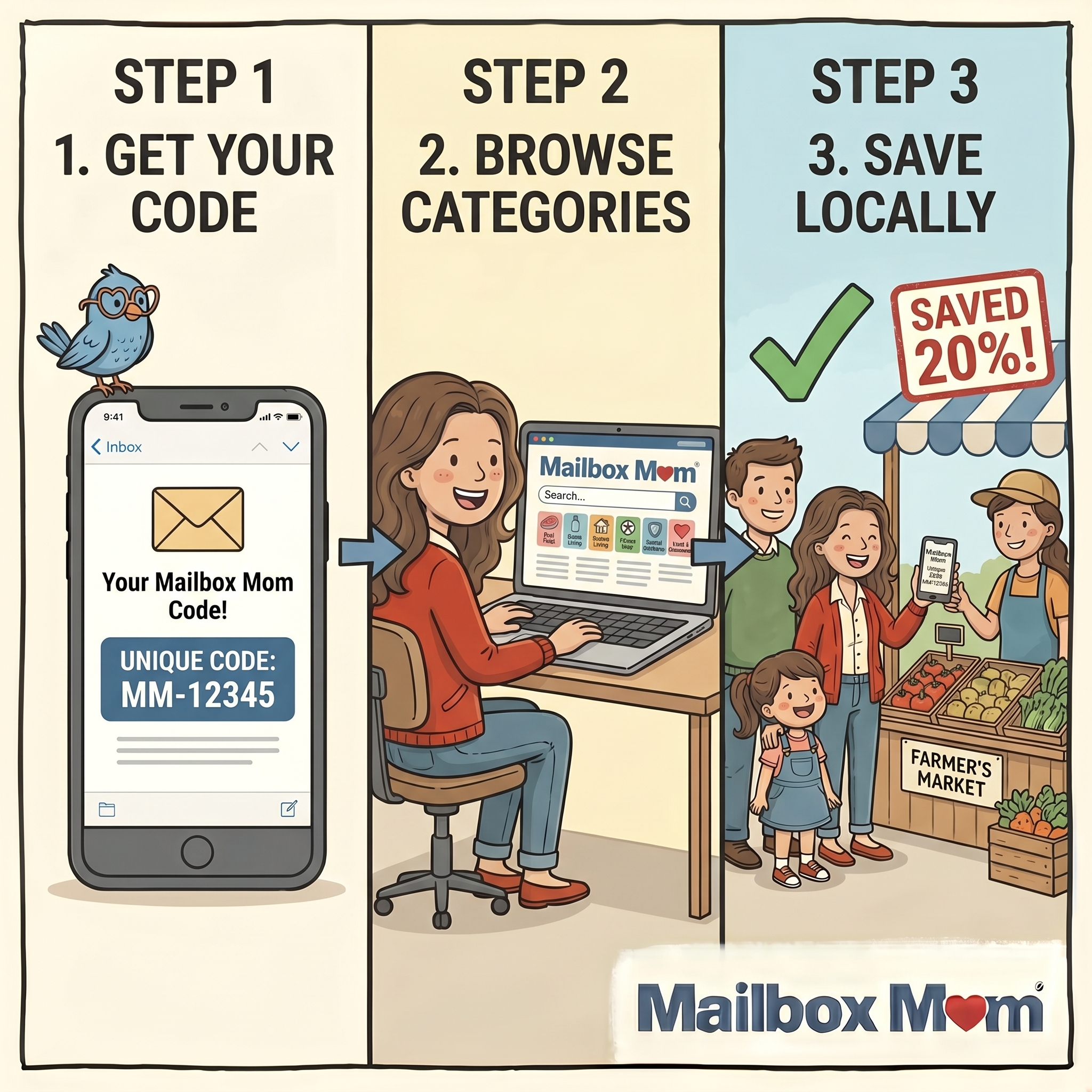 Step 1: Get Your Code, Step 2: Browse Categories, Step 3: Save Locally