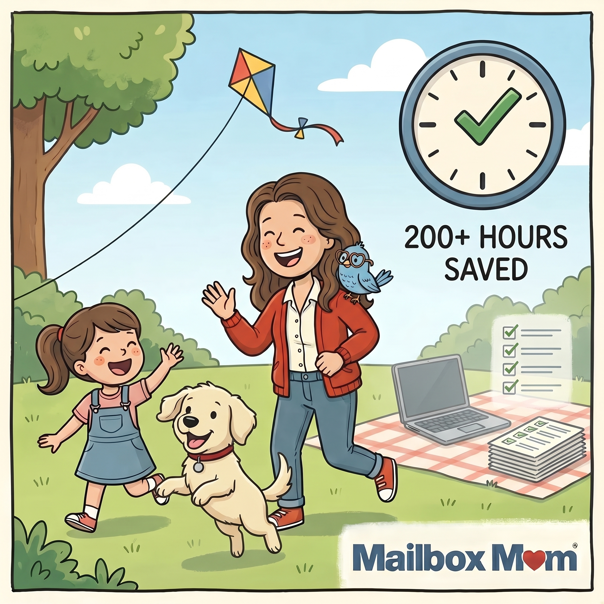 200+ hours saved — Mia playing with kids at the park while research is done