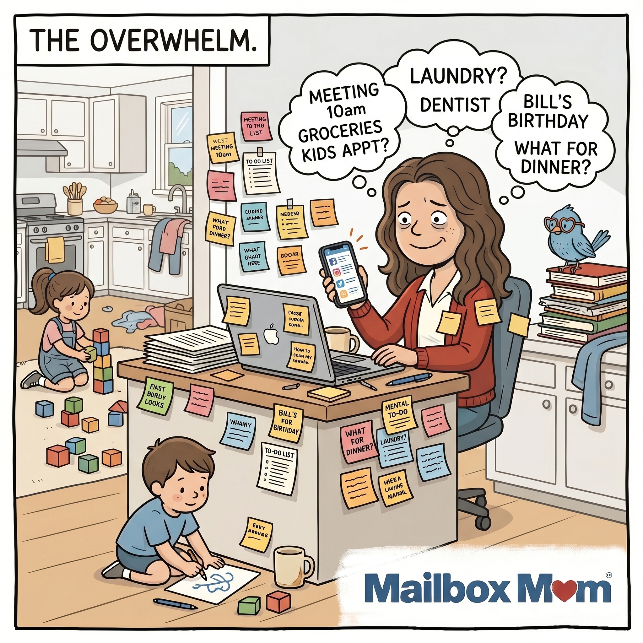 The Overwhelm — mom juggling endless to-do lists and decisions