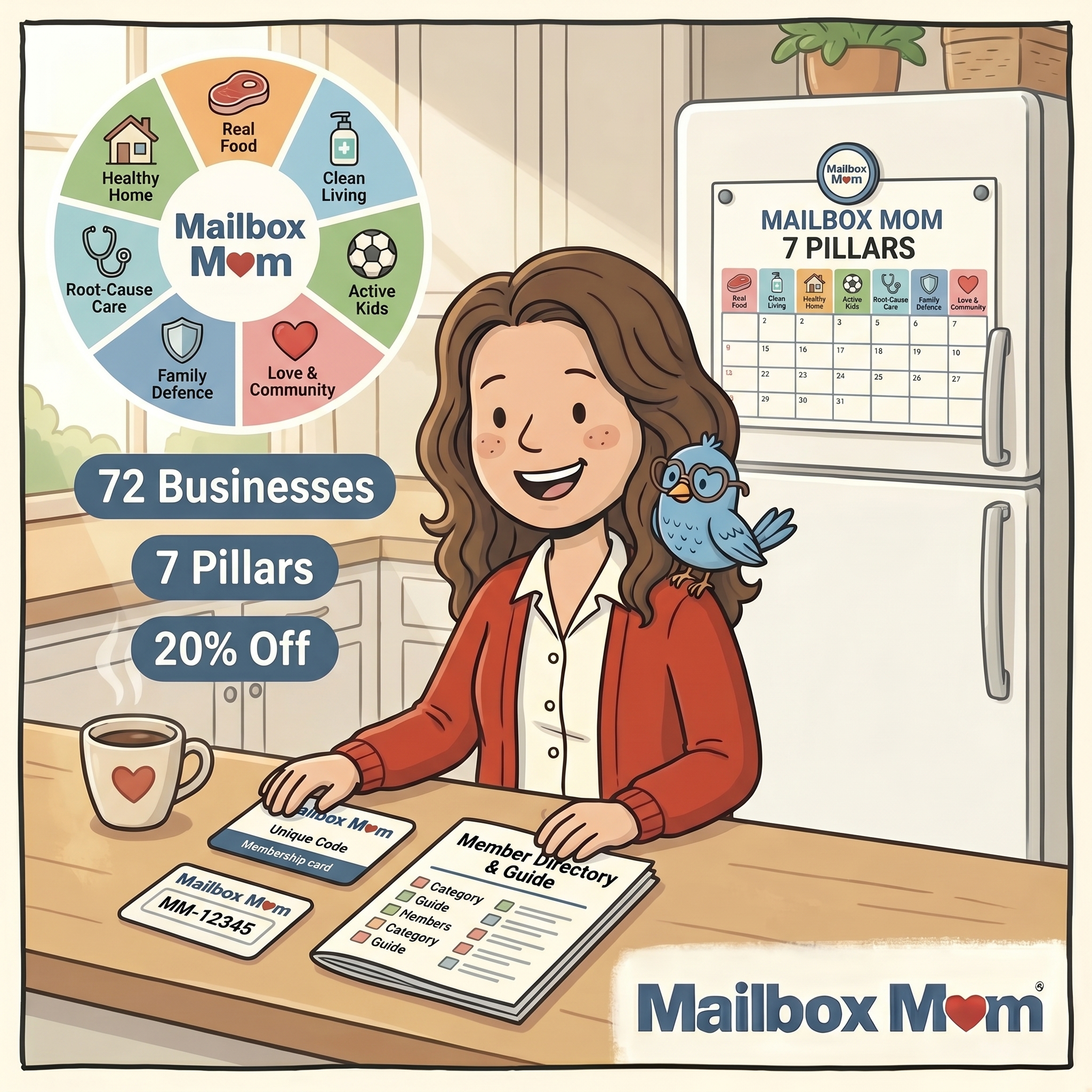 72 Businesses, 7 Pillars, 30% Off — Mia with member directory and fridge calendar